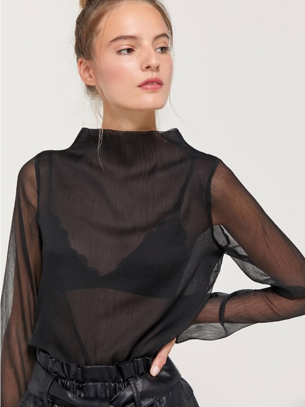 UO Catherine Sheer Chiffon Mock Neck Blouse